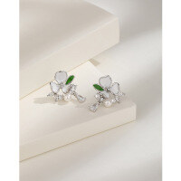 wholesale 925 Sterling Silver Camellia Pearl Earrings for Women, Enamel Zircon Flower Earrings, Small and Exquisite, High-End Sense Ear Accessories-Platinum earrings with plastic earplugs 925 silver