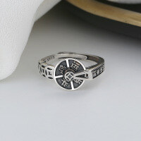 wholesale S925 sterling silver vintage ethnic style coin "Good Fortune and Luck Turning" Chinese-inspired index finger ring-611FJ/A approx. 2.8g > opening adjustable