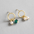 wholesale S925 Sterling Silver Minimalist and Versatile Emerald Crystal Pearl Stud Earrings for Women, Student Silver Earrings-0-0