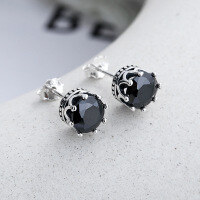 wholesale S925 Sterling Silver Retro Crown Base Inlaid with Eight Hearts and Eight Arrows Cut Black Zircon Earrings for Women-YFR062/approx. 1.98g 925 silver