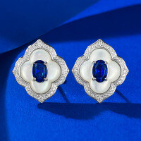 wholesale Metal material first, Mu Jing Jewelry new jewelry minimalist 4*6 simulated sapphire oval earrings vintage elegant-E475 Blue Diamond 925 Silver