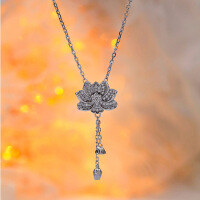 wholesale S925 Sterling Silver Two Lifetimes of Joy Lotus Necklace for Women, Versatile Small Design Pendant with Lotus Seedpod and Lotus Tassel Drop Collarbone Chain-TL012734-Silver White 925 Silver