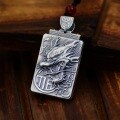 wholesale 990 Sterling Silver Retro Matte Square Pendant with Buddha and Dragon Pattern, Unisex Long Necklace for Women and Men-0-6