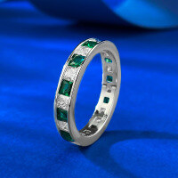 wholesale S925 Sterling Silver Artificial Princess-Cut White and Green Zirconia Row Diamond Ring Cross-Border Style-R1248 White and Green Princess Square Ring No. 5