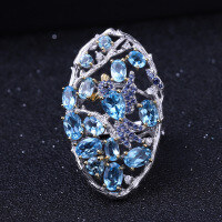 wholesale S925 Sterling Silver Secret Garden Designer Gemstone Ring with Flying Bird Design and Natural Topaz-Swiss Blue Topaz Ring  US 7