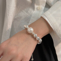 wholesale S925 Sterling Silver Geometric Sphere Pearl Bracelet for Women, Korean New Style Elegant Heavy Duty Versatile Bangle-Pure silver (16+3CM)