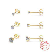 wholesale S925 Sterling Silver 3-Piece Set of Minimalist Stud Earrings with European French-Style Diamond Accents-Platinum-3 pieces per set