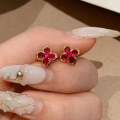 wholesale Metal: 925 Silver, ZHUOZHIFAN Jewelry New 30 Carat Red Diamond Four-Leaf Clover Gold Small Flower Ear Studs, Elegant and Graceful, Live Cross-Border-0-2