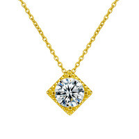 S925 Sterling Silver Moissanite Minimalist Cube Pendant Necklace-Simple Sugar Cube Necklace (Gold)  1-Carat Moissanite