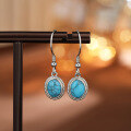 wholesale S925 Sterling Silver Geometric Oval Turquoise Earrings Bohemian Retro Minimalist Versatile Earrings-0-5