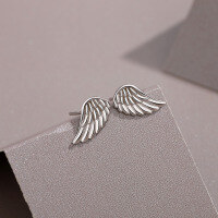 wholesale Metal: 925 Sterling Silver Amazon Cross-Border Wing Earrings, Light Luxury Advanced Sense Angel Wing Feather Earrings for Women-Platinum-with plastic ear plugs 925 silver