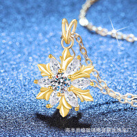 S925 Sterling Silver Moissanite Romantic Snowflake Necklace-30-point moissanite, golden color  925 silver