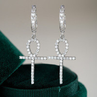 S925 Sterling Silver Hip-Hop Cross Earrings with Moissanite, Luxury Unisex Design.-Set with moissanite - white gold  925 silver