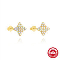 wholesale S925 Sterling Silver 15-Word Clover and Star Stud Earrings with Full Pavé Diamonds, Korean Style Minimalist Design-Gold 925 silver