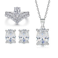 wholesale 925 Sterling Silver Jewelry Set with a Premium European and American Style V-Shaped Crown Ring, Oval Zircon Pendant Necklace, and Stud Earrings in a Minimalist Design-Earrings TLED121 925 silver