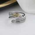 wholesale 925 Sterling Silver Vintage 3D Feather Design Cat's Eye Stone Inlaid / Leaf Symbol Unisex Ring-0-3