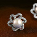 wholesale S925 Sterling Silver Fashion Floral Statement Earrings with Zircon and Shell Pearl, Light Luxury Versatile Ear Drops for Women-0-1