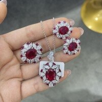 wholesale S925 Sterling Silver Ring for Women with Lab-Grown Ruby and Full Diamond Set, TikTok Live Hot Seller Direct from Manufacturer-Cultured Ruby Earrings 3+3ct S925 Silver Gold Plated