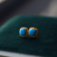 wholesale Pure silver gold-plated minimalist ins natural turquoise square stud earrings with 6mm main stone, elegant women-Natural pine square nails>925 silver