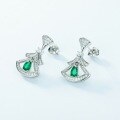 wholesale S925 Sterling Silver Fashionable Small Skirt Fan Earrings Light Luxury Style with Lab-Grown Emerald Accent-0-1