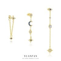 wholesale S925 Sterling Silver Evil Eye Star Moon Tassel Earrings with Inlaid Diamonds, Women's Small Design Cross-border European and American Ear Jewelry-Single three-piece set 925 silver