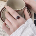 wholesale S925 Sterling Silver Vintage Country Style Wheat Grain Square Sugar Red Agate Blood Amber Stone Distressed Design Adjustable Ring-0-1