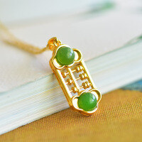 wholesale Gold-Plated New Chinese Style Antique Craft Silver Inlaid with Hetian Jade Jasper Pendant Necklace Retro Luxury Women's Collarbone Chain-Gold pendant + silver chain 925 silver