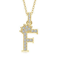 Gold-Plated Copper Crown Zircon Quartz Letter Pendant Necklace-Letter necklace F
