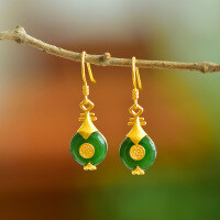 wholesale Pure silver certificate cheongsam Hanfu jade earrings, new Chinese-style earrings, Fu character pipa peace buckle Hetian jasper ear pendants-Silver Jasper Peace Buckle Earrings>925 Silver