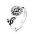wholesale S925 Sterling Silver Retro Daisy Leaf Open Ring Korean Version Minimalist Fresh Design Sense Ring-0-4