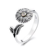 wholesale S925 Sterling Silver Retro Daisy Leaf Open Ring Korean Version Minimalist Fresh Design Sense Ring-570J/approx. 3.3g Adjustable opening