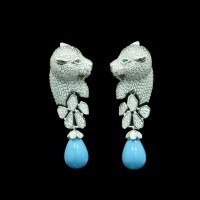 wholesale 925 Silver Gold-Plated Drop Chain Earrings with High-Carbon Diamonds, Cartier-Inspired Panther, Blue Turquoise, Versatile Jewelry for Women-Blue pine>925 silver