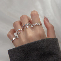 wholesale S925 Sterling Silver Vintage Sweet Hollow Heart Ring Korean Style Heart-shaped Silver Jewelry J9350-J9634-S925 Silver heart shape Adjustable opening