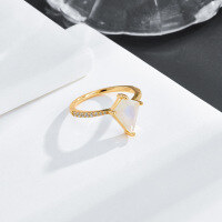 wholesale S925 Gold-Plated Diamond-Cut Moonstone Luxury Jewelry with Zircon Accents, Women's Ring-Blue Moonstone + White Zirconium Ring No. 15