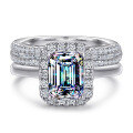 wholesale S925 sterling silver cross-border wholesale 2ct emerald cut moissanite women's ring set, high-end silver jewelry accessories-0-21