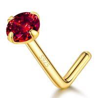 wholesale S925 Sterling Silver Hot Selling European And American L-post Nose Stud With Round Zircon Four-prong Setting Cross-border Nose Piercing Jewelry 20g-Red S925 Gold (single)