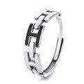 wholesale S925 sterling silver retro INS minimalist style black epoxy H letter ring small design index finger ring for women-0-4