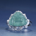 S925 Silver Adjustable Ring with Natural Blue Water Jadeite Buddha-0-1