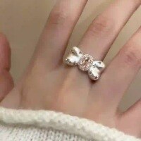 wholesale S925 Sterling Silver Galaxy Sweetheart Princess Bow Ring for Women, Fashionable and Unique Pinky Ring with Matte Finish and Adjustable Opening-Silver>Adjustable opening