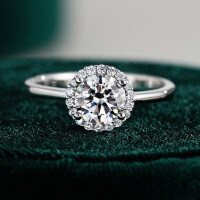 925 Silver Women's Simulated 1-Carat D Color Moissanite Four-Prong Round Halo Luxe Cluster Engagement Ring-1 carat (empty setting)  Hong Kong size (17)