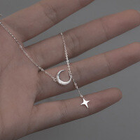 wholesale S925 Sterling Silver Small Fresh Star Moon Adjustable Matte Necklace for Women, Elegant Collarbone Chain D9083-S925 Silver Necklace 925 Silver