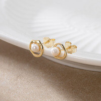 wholesale S925 Sterling Silver Jewelry, Small and Minimalist Design, Natural Freshwater Pearl Earrings, Korean Style, Factory Direct-14K gold>925 silver