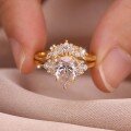 wholesale S925 gold-plated waterdrop main stone crown-style moissanite double-ring stackable ring for women, luxurious and elegant bestseller-0-2