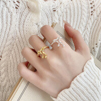 wholesale S925 Sterling Silver Fashion Cross-Border Bow Matte Bead Pendant Personalized Open Adjustable Ring for Women-002JJ Bright Silver/approx. 2.5g Adjustable opening