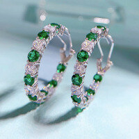 wholesale Metal Material: 925 Sterling Silver Inlaid with White and Green Diamonds 40 High Carbon Diamonds, Zhuozhifan Jewelry New Simple and Versatile Ear Clips-E196 White and green hoop earrings 925 silver