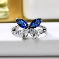 wholesale Metal: S925 Silver Mu Jing Jewelry New Diamond Butterfly Ring for Women, European and American Fashion Ring for Engagement or Proposal-Blue and White Diamond No. 5