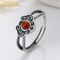 wholesale S925 Sterling Silver Vintage Style Auspicious Cloud Ruyi Design Southern Red Agate Ancient Wind Adjustable Ring for Women-0-1