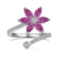 wholesale S925 sterling silver INS-style women's ring with delicate pink four-leaf clover zircon, floral design, and adjustable open band for a sophisticated and elegant look-0-5