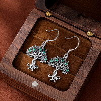 wholesale 925 Sterling Silver Hollow-out Inlaid Earrings INS Tree of Life Earrings for Women, European and American Retro Versatile Earrings-Tree of Life Earrings>925 Silver