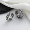 wholesale S925 Sterling Silver Vintage Distressed Handwoven Cable Wide Fashion Statement Adjustable Open Ring for Women-0-0